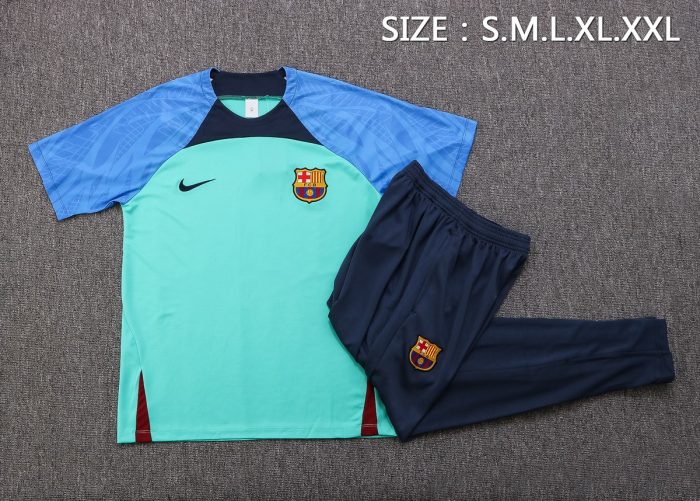 Barcelona 22-23 Green Sleeves Blue Short Sleeve Training Suit (with Pants) - 图片 2