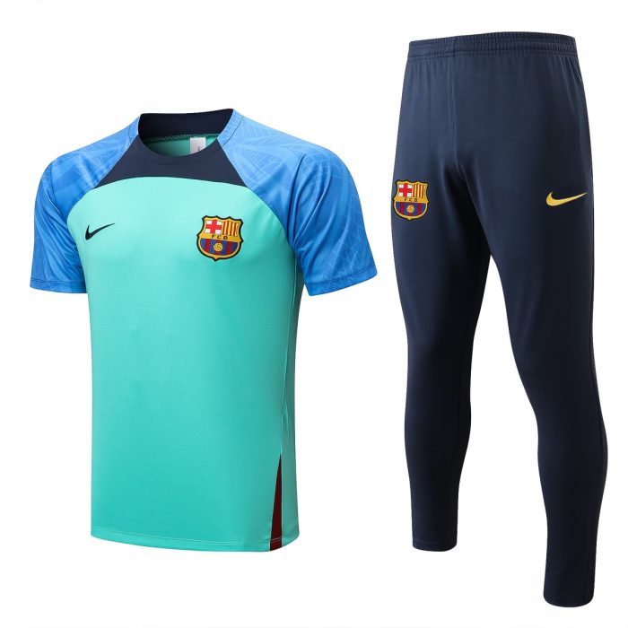 Barcelona 22-23 Green Sleeves Blue Short Sleeve Training Suit (with Pants) - 图片 8