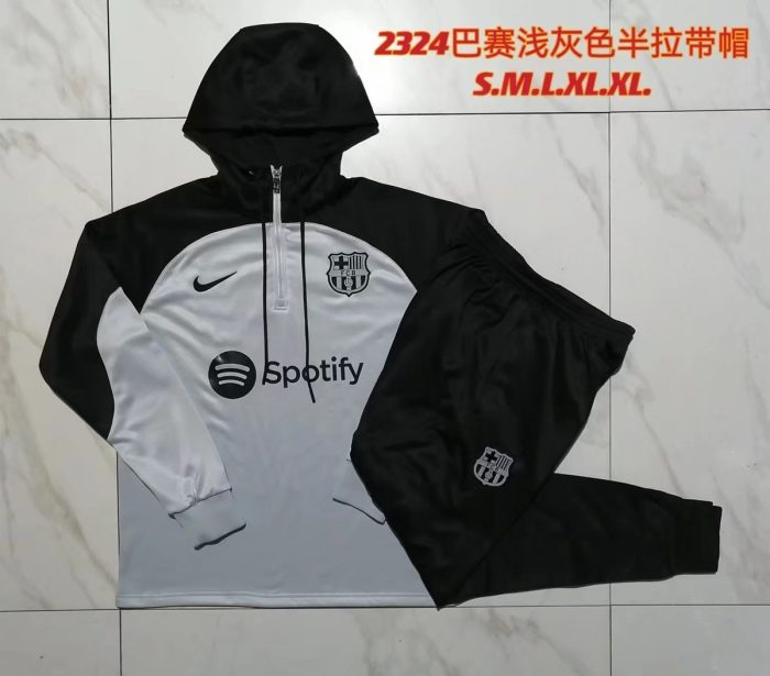 Barcelona 23-24 Half-Zip Hoodie Light Gray (Black Hood) - 图片 9
