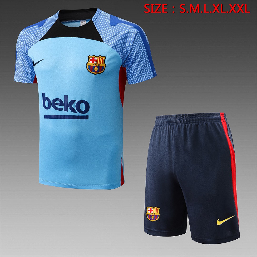 JER-2878_1 Barcelona 22-23 Blue Short Sleeve Training Set with 5-Inch Shorts - 图片 1