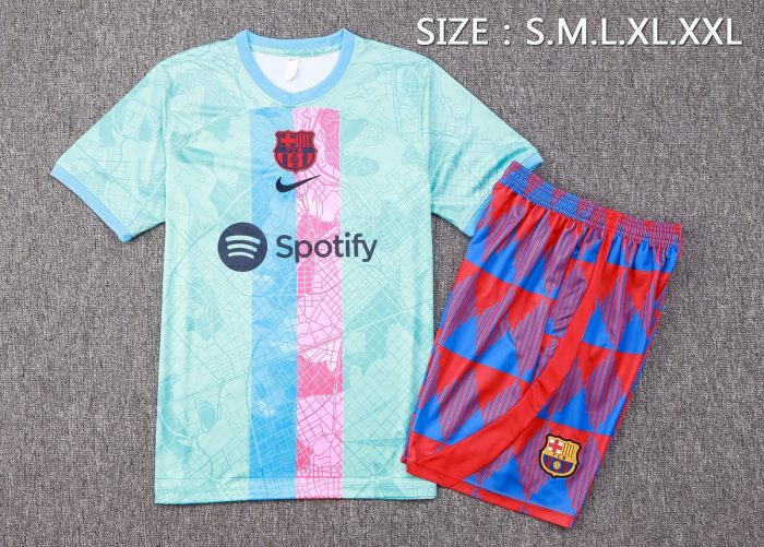Barcelona 23-24 Light Green Splatter Short Sleeve Training Set with 5-Inch Shorts - 图片 2