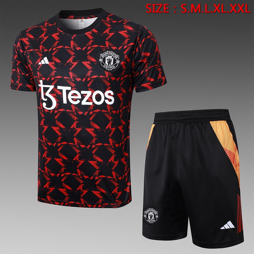 JER-3550_1 Manchester United 24-25 Black Red Splatter Short Sleeve Training Set - 图片 1