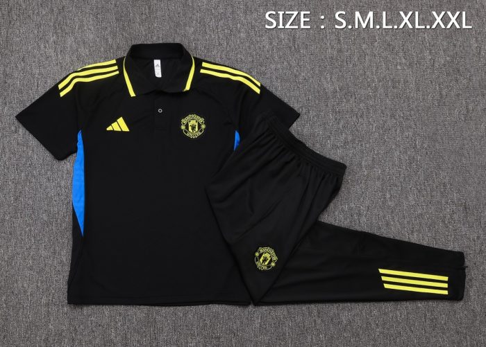 Manchester United Black Polo Shirt with Light Green Trim - 图片 2