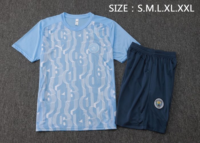 Manchester City 24-25 Light Blue Splatter Short Sleeve Training Shirt - 图片 2