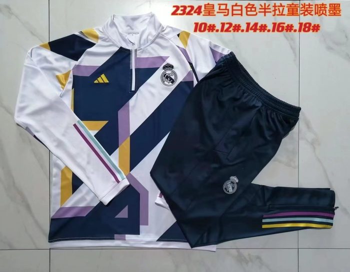 Real Madrid 23-24 White Kids Spray Print Half-Zip Jacket - 图片 3