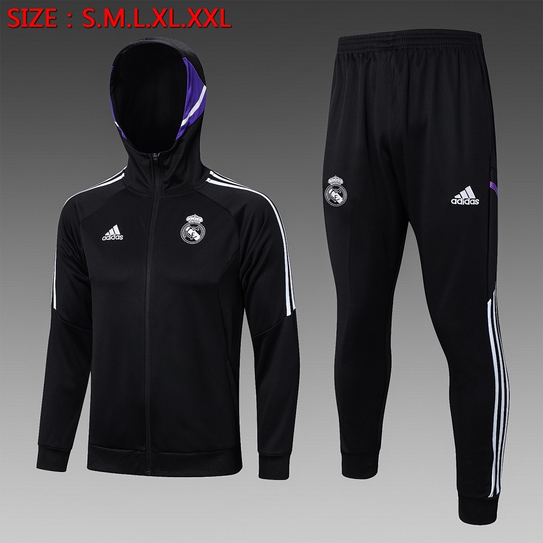 JER-5137_1 Real Madrid 22-23 Black Long Zip Jacket with Hood - 图片 1