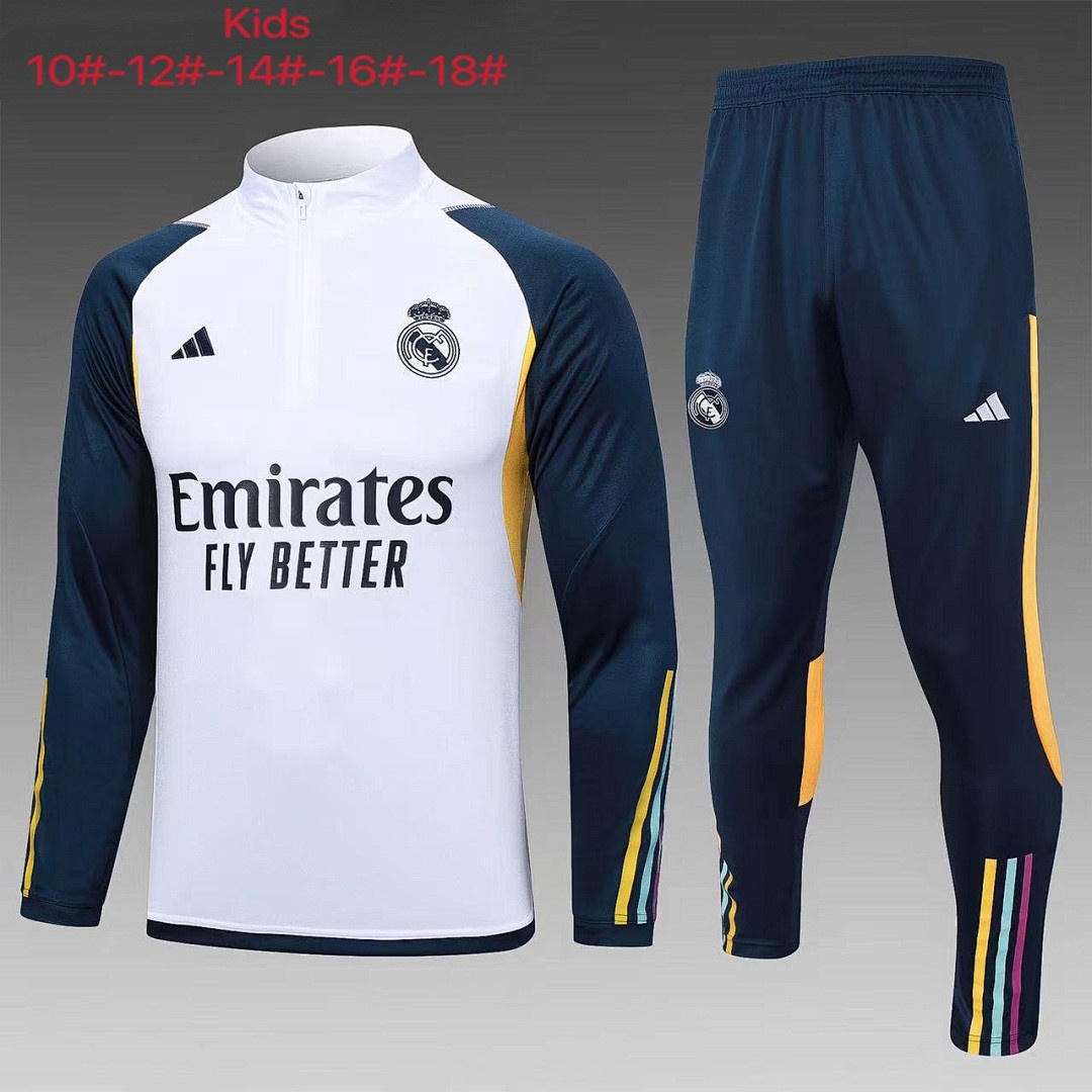 JER-5200_1 Real Madrid 23-24 White Kids Semi-Zip Jacket - 图片 1