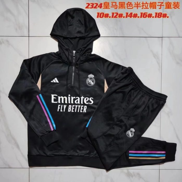 Real Madrid 23-24 Half-Zip Hoodie Black Kids - 图片 3