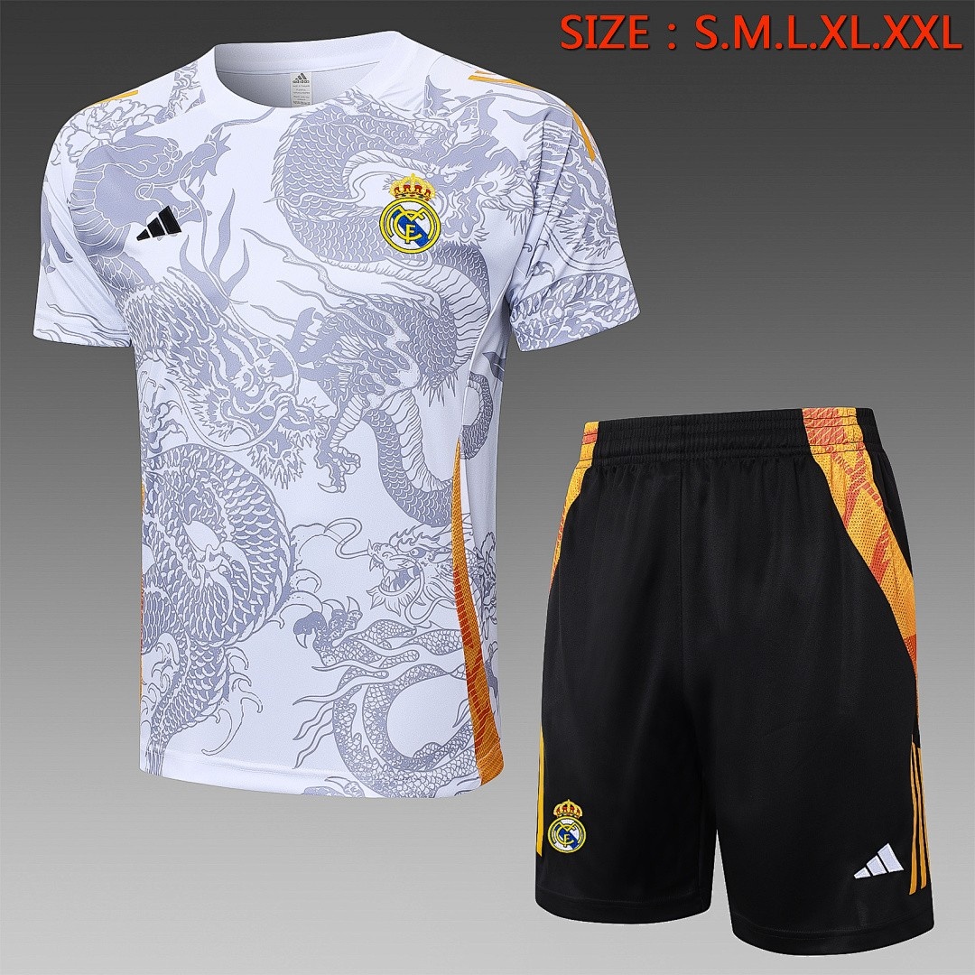 JER-5244_1 Real Madrid 24-25 White Short Sleeve Training Suit (Spray Ink Dragon) - 图片 1