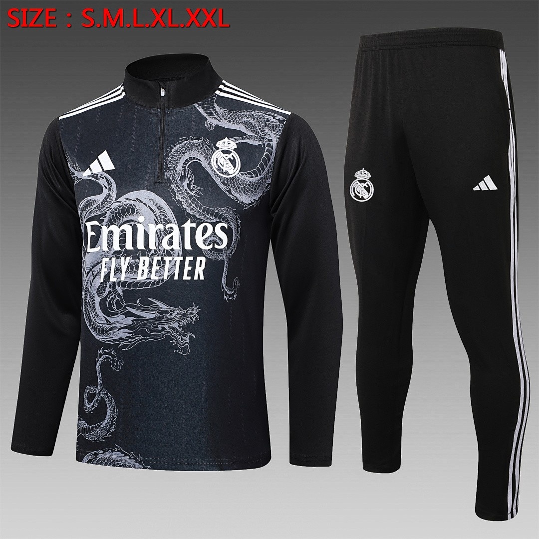 JER-5246_1 Real Madrid 24/25 Black Ink Splatter Half-Zip Jacket (White Trim on Shoulders) - 图片 1