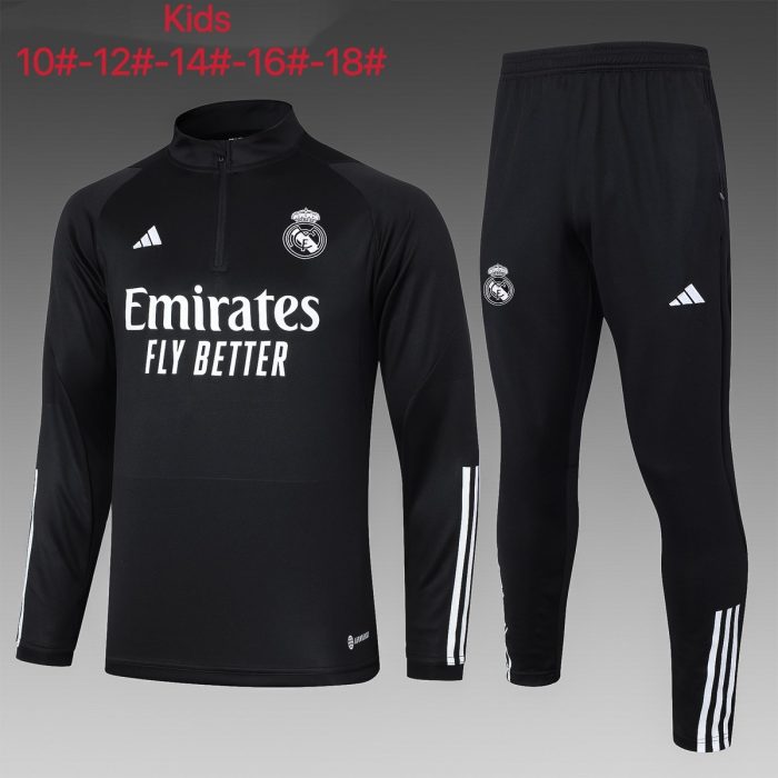 Real Madrid 23-24 Black Kids' Half-Zip Jacket (White Trim) - 图片 2