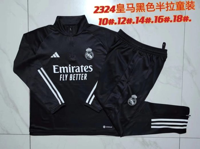 Real Madrid 23-24 Black Kids' Half-Zip Jacket (White Trim) - 图片 3
