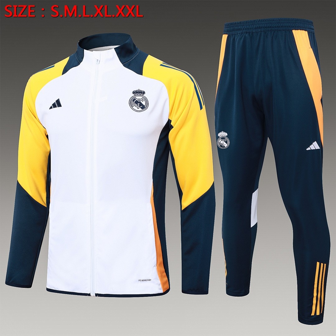 JER-5260_1 Real Madrid 24-25 White with Yellow Shoulder Long Zip Jacket - 图片 1