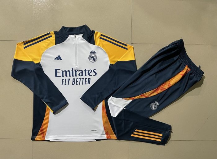 Real Madrid 24-25 White Kids' Half-Zip Jacket with Yellow Shoulders - 图片 3