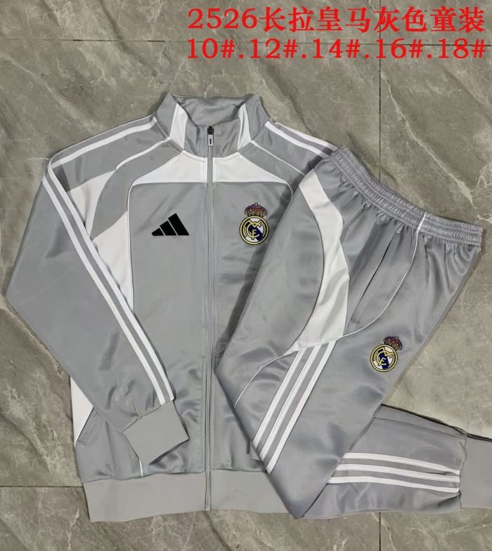 Real Madrid Grey and White Kids Long Zipper Jacket - 图片 3
