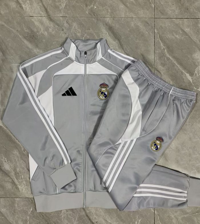 Real Madrid Grey and White Kids Long Zipper Jacket - 图片 4