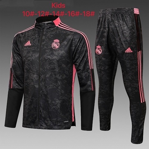JER-5287_1 Real Madrid 21-22 Black Kids' Long Zip Jacket (Red Trim) - 图片 1