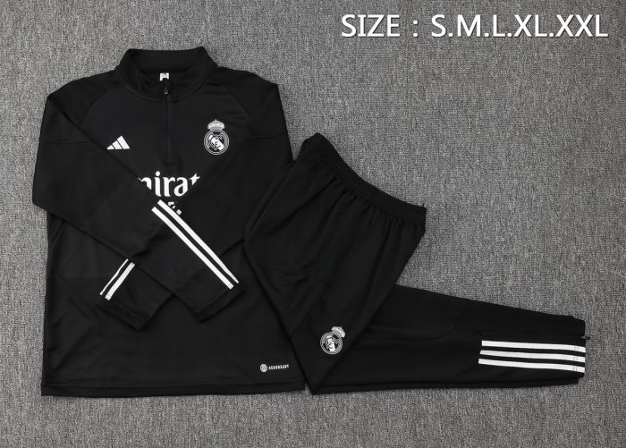 Real Madrid 23-24 Half Zip Jacket Black with White Trim - 图片 2