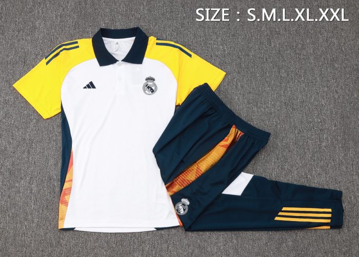 Real Madrid 24-25 White Polo Shirt with Yellow Sleeves - 图片 2