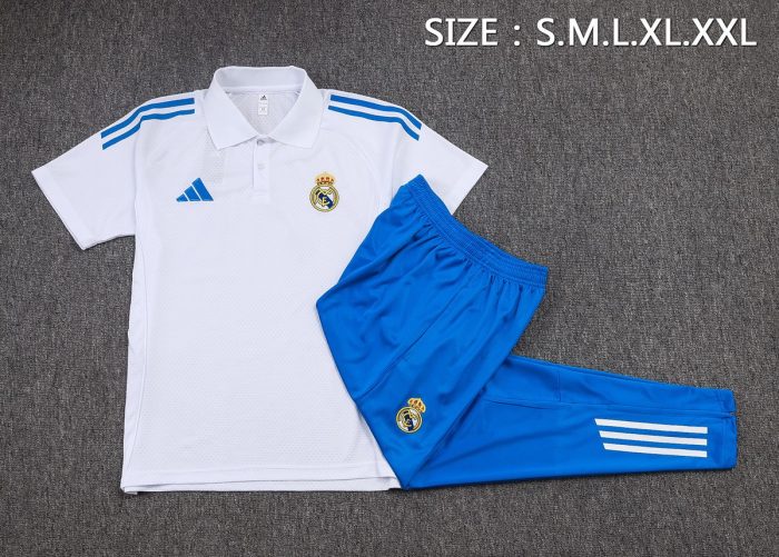 Real Madrid White Polo Shirt with Blue Trim - 图片 2