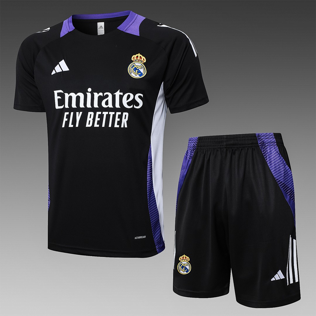 JER-5344_1 Real Madrid 24-25 Black Short Sleeve Training Shirt with Purple Collar - 图片 1