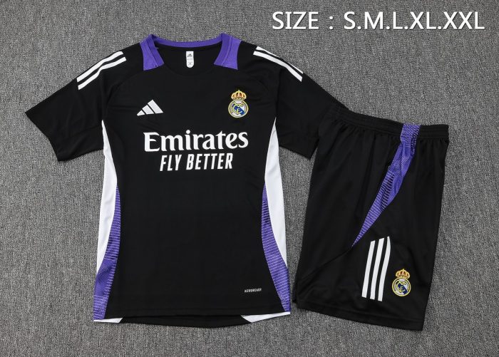 Real Madrid 24-25 Black Short Sleeve Training Shirt with Purple Collar - 图片 2