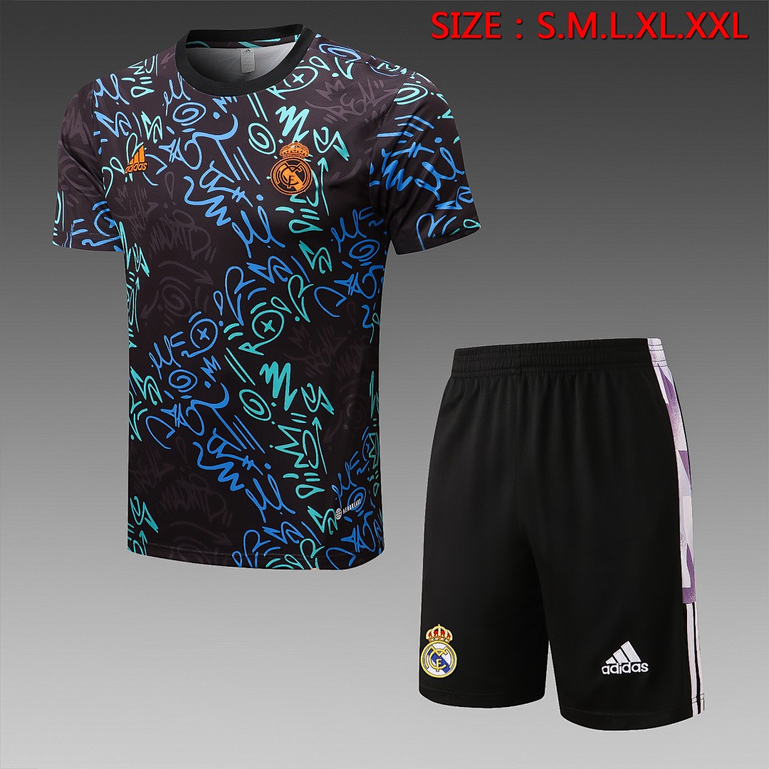 JER-5356_1 Real Madrid 22-23 Black Splatter Print Short Sleeve Training Suit with 5-Inch Shorts - 图片 1