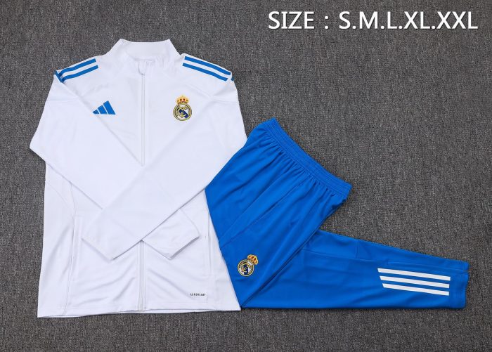 Real Madrid White Long Zipper Jacket with Blue Trim - 图片 2