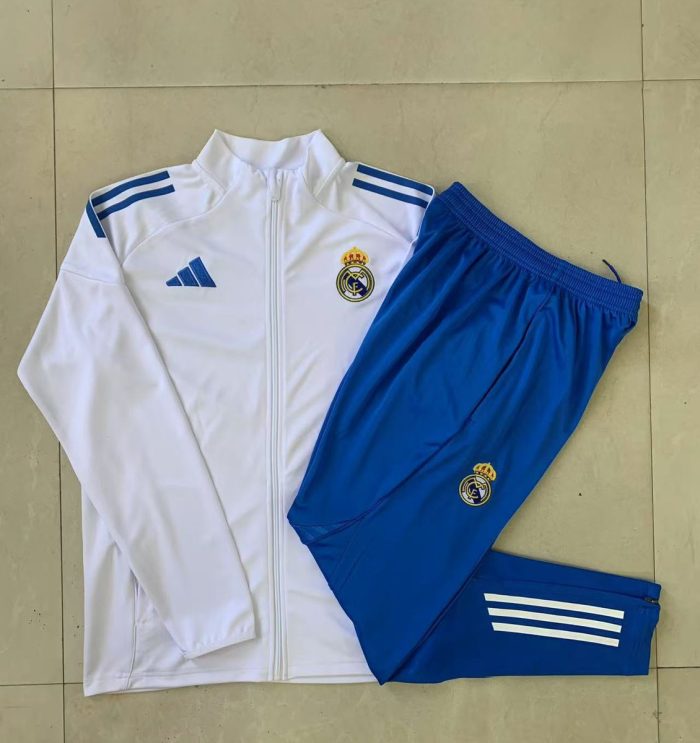 Real Madrid White Long Zipper Jacket with Blue Trim - 图片 9