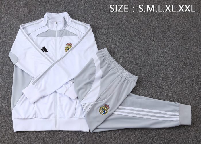 Real Madrid White Grey Long Zipper Jacket - 图片 2