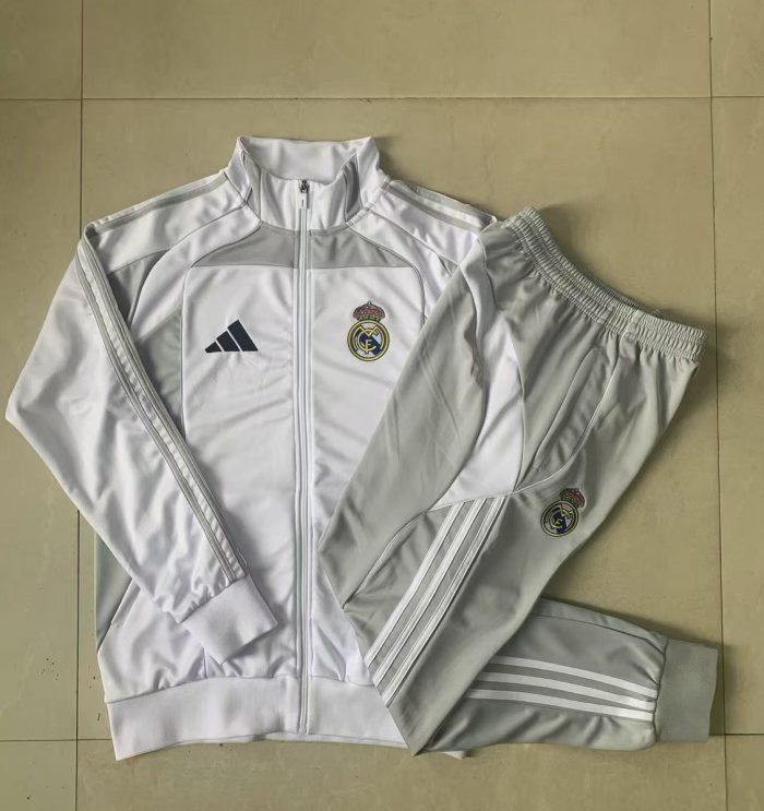 Real Madrid White Grey Long Zipper Jacket - 图片 9
