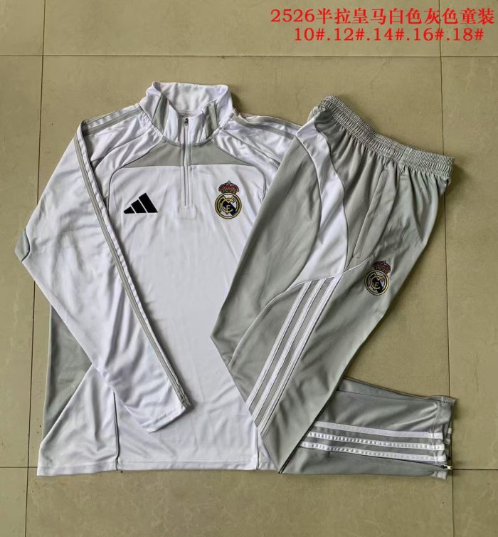 Real Madrid White Grey Kids' Half-Zip Jacket - 图片 4