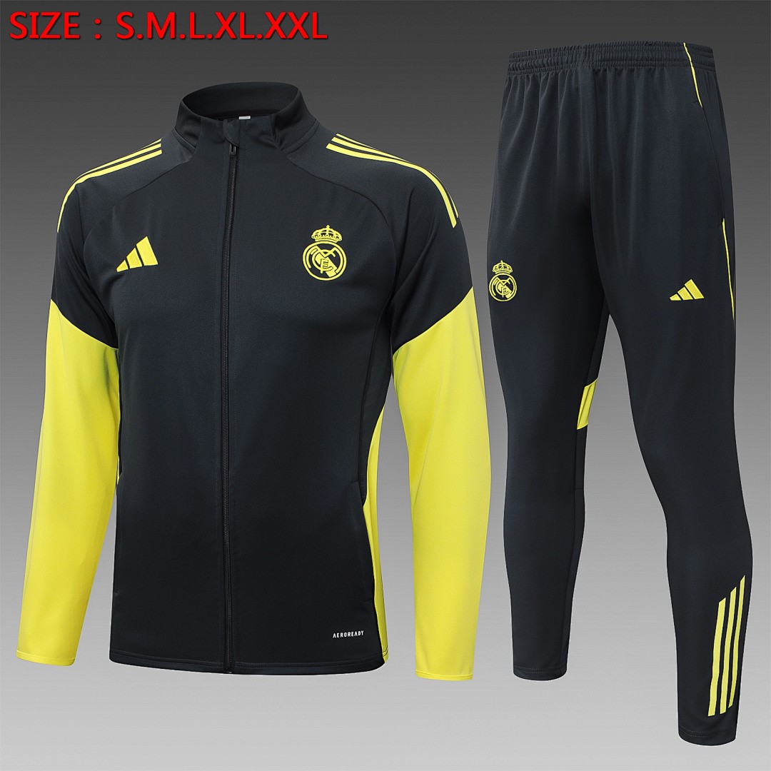 JER-5386_1 Real Madrid Long Zipper Jacket Dark Gray with Yellow Sleeves - 图片 1