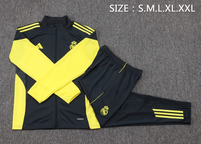 Real Madrid Long Zipper Jacket Dark Gray with Yellow Sleeves - 图片 2