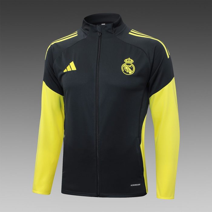 Real Madrid Long Zipper Jacket Dark Gray with Yellow Sleeves - 图片 8