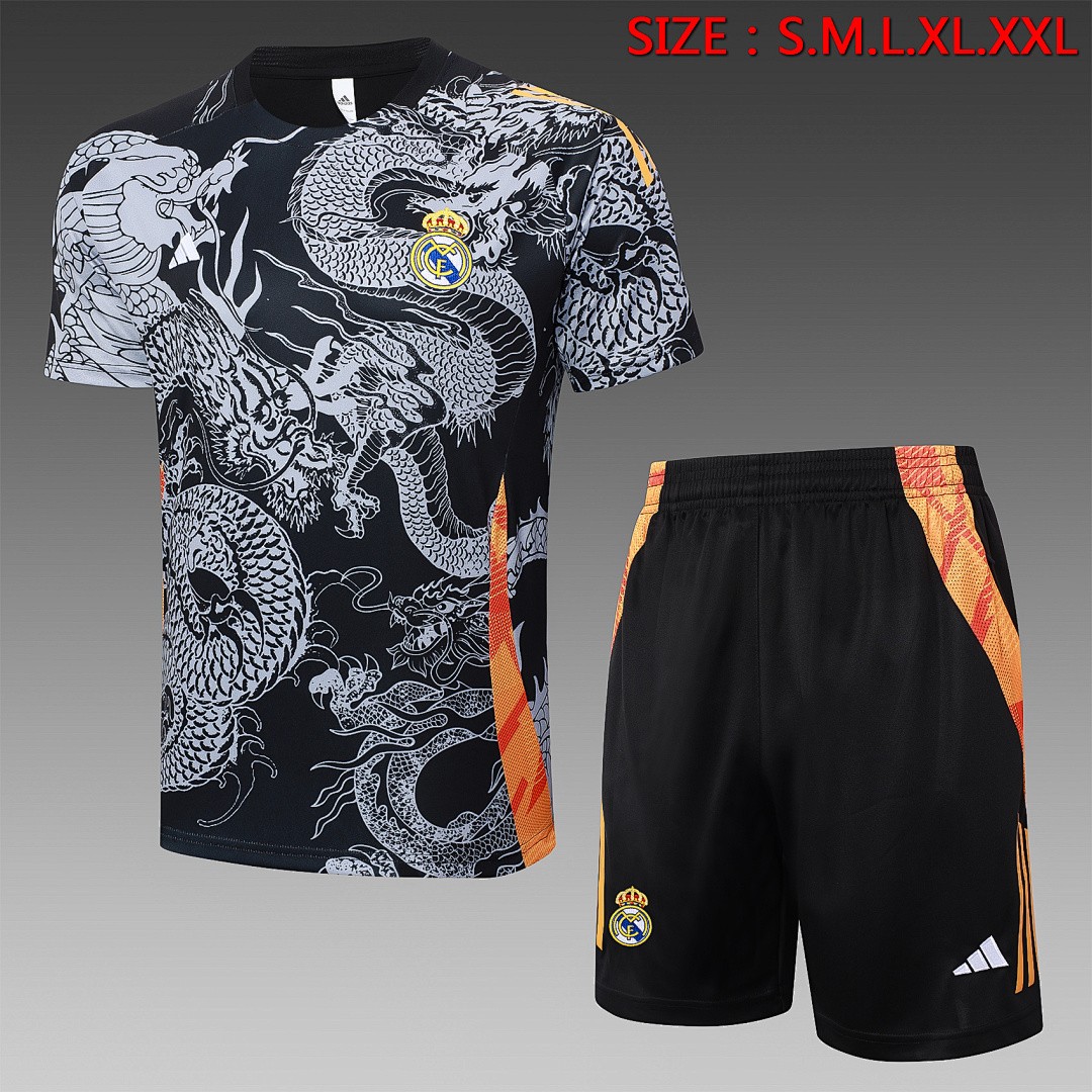 JER-5387_1 Real Madrid 24-25 Black Dragon Print Short Sleeve Training Set - 图片 1
