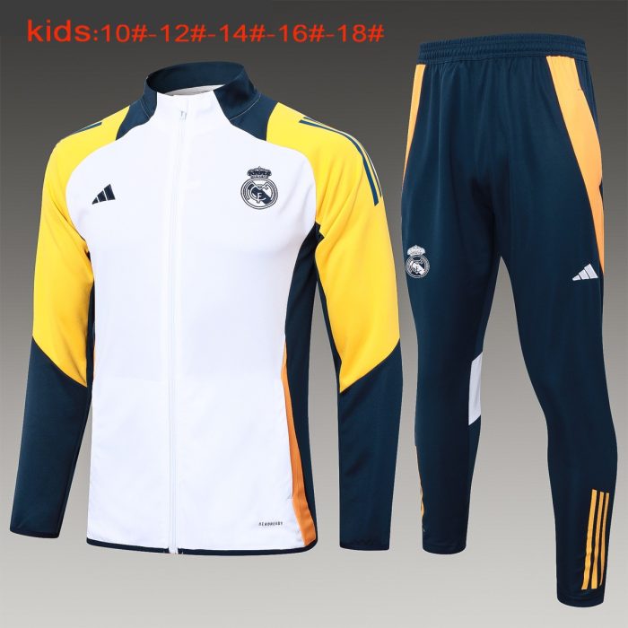 Real Madrid 24-25 White Children's Long Zipper Jacket with Yellow Shoulders - 图片 2
