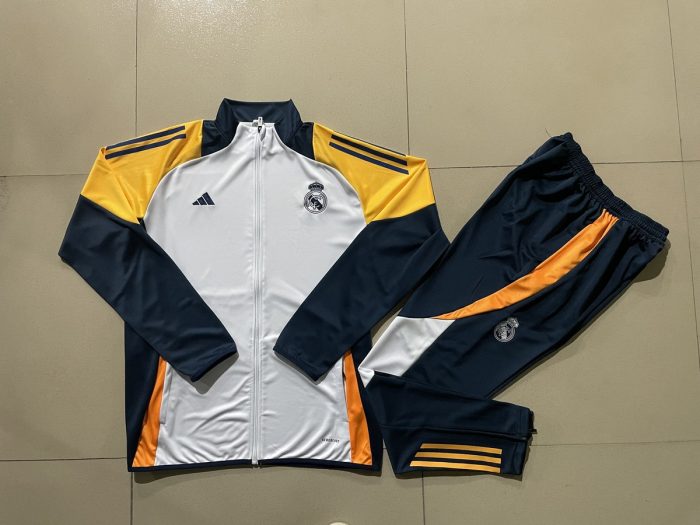Real Madrid 24-25 White Children's Long Zipper Jacket with Yellow Shoulders - 图片 3