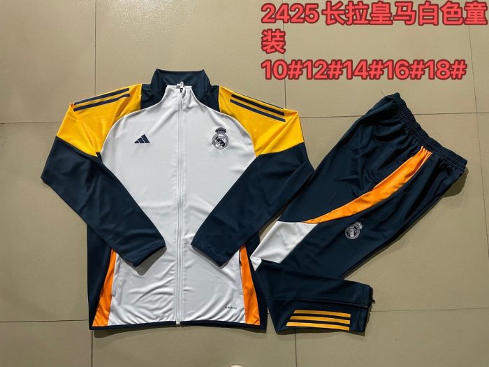 Real Madrid 24-25 White Children's Long Zipper Jacket with Yellow Shoulders - 图片 4