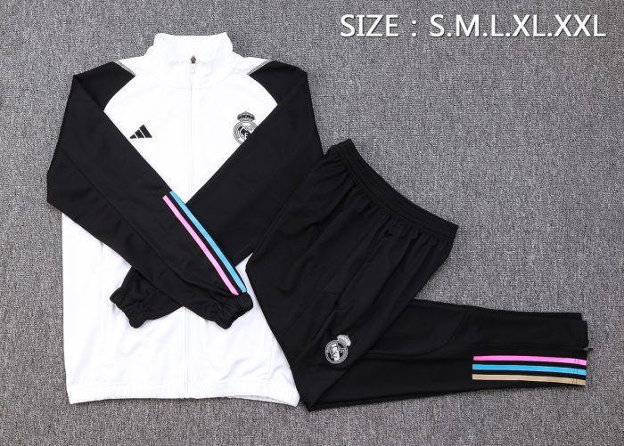 Real Madrid 23-24 White Long Zip Jacket with Black Sleeves - 图片 2