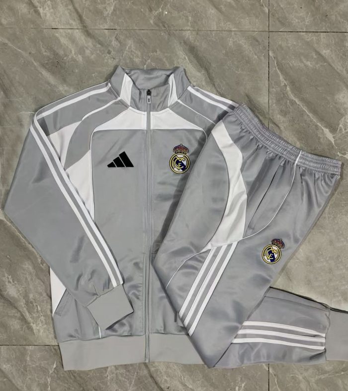 Real Madrid 25/26 Long Zipper Jacket Grey with White - 图片 9