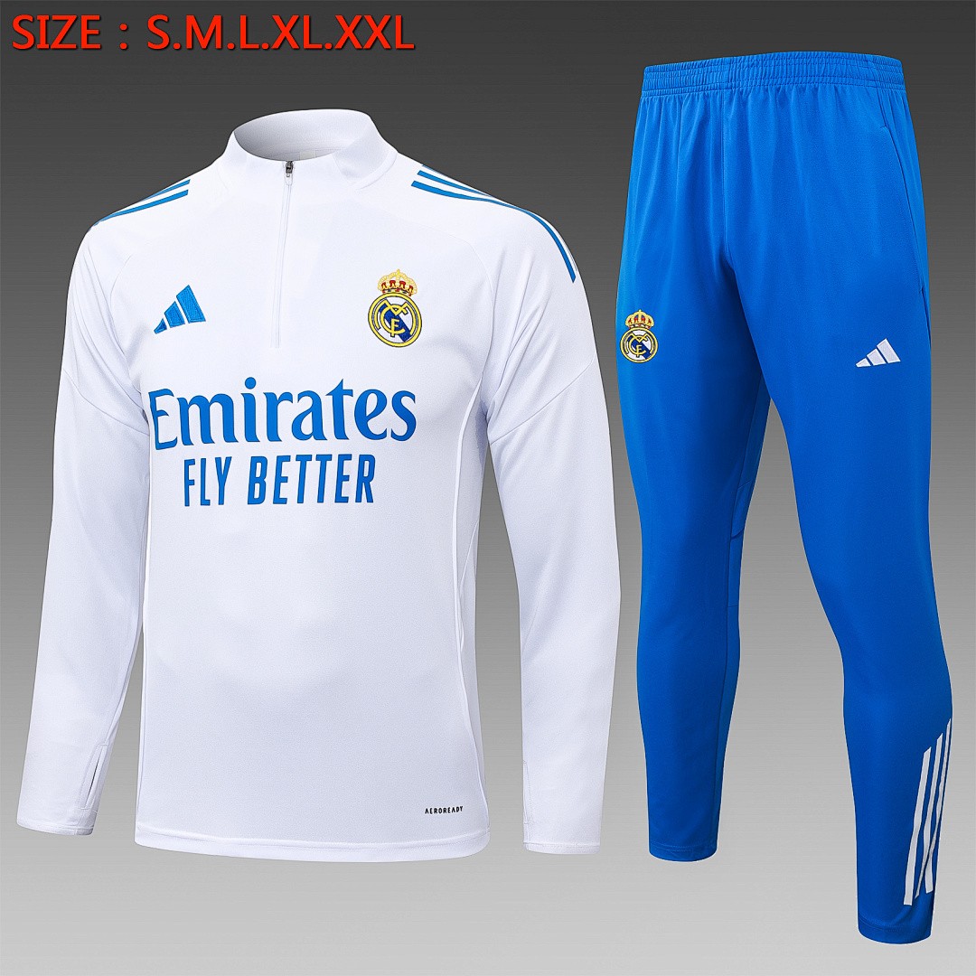 JER-5444_1 Real Madrid White Half-Zip Jacket with Blue Trim - 图片 1