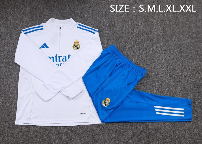 Real Madrid White Half-Zip Jacket with Blue Trim - 图片 2