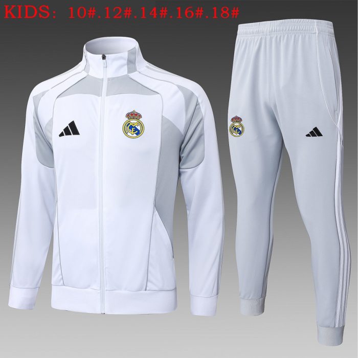 Real Madrid White Grey Kids Long Zipper Jacket - 图片 2