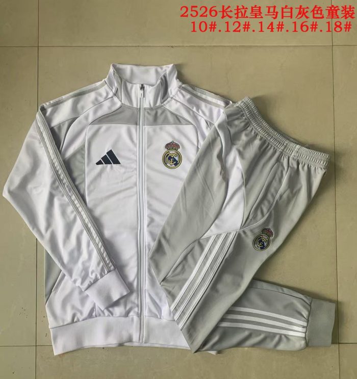 Real Madrid White Grey Kids Long Zipper Jacket - 图片 3