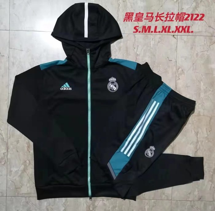 Real Madrid 21-22 Long Zip Hoodie Black with Blue Zipper - 图片 9