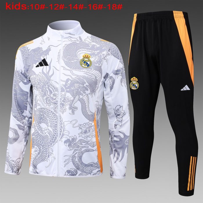 Real Madrid 24/25 White Kids' Long Zipper Jacket (Spray Ink Dragon) - 图片 2