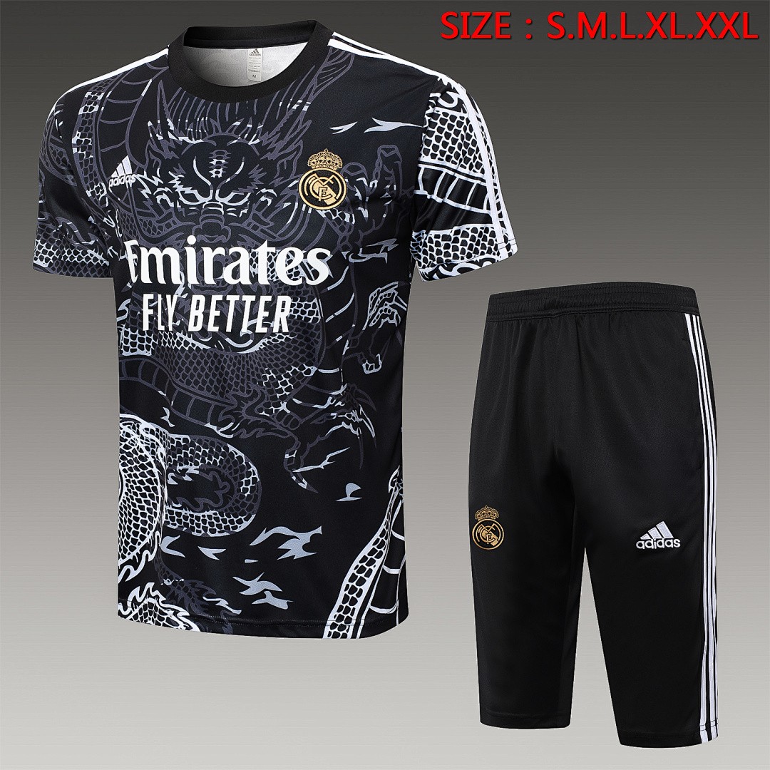 JER-5495_1 Real Madrid 23-24 Black Ink Splatter Short Sleeve Training Set with Capri Pants (Chinese Dragon) - 图片 1