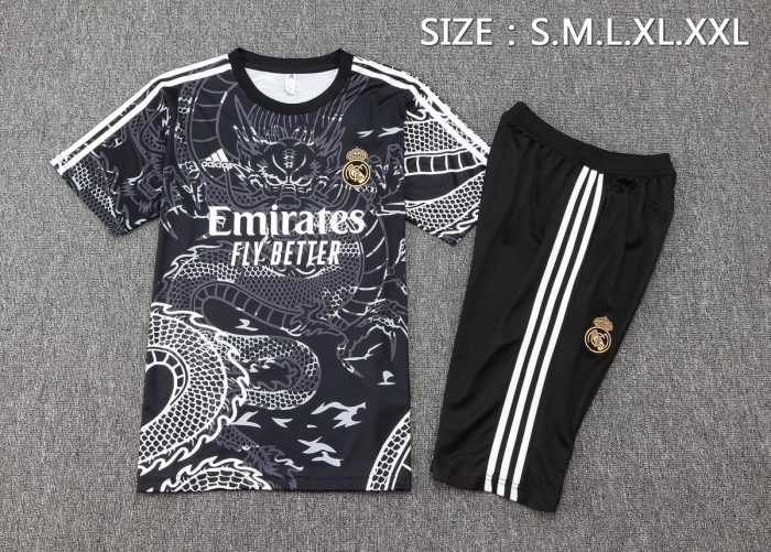 Real Madrid 23-24 Black Ink Splatter Short Sleeve Training Set with Capri Pants (Chinese Dragon) - 图片 2