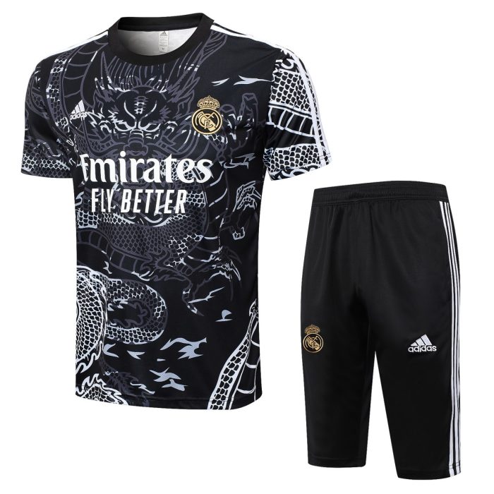 Real Madrid 23-24 Black Ink Splatter Short Sleeve Training Set with Capri Pants (Chinese Dragon) - 图片 8